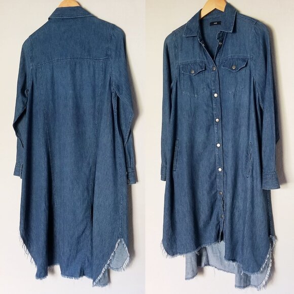 Ruti Chambray Denim Shirt Dress Hemp Organic Cotton Snap Button Frayed Hem Blue - Picture 1 of 16